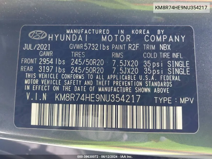 KM8R74HE9NU354217 2022 Hyundai Palisade Calligraphy