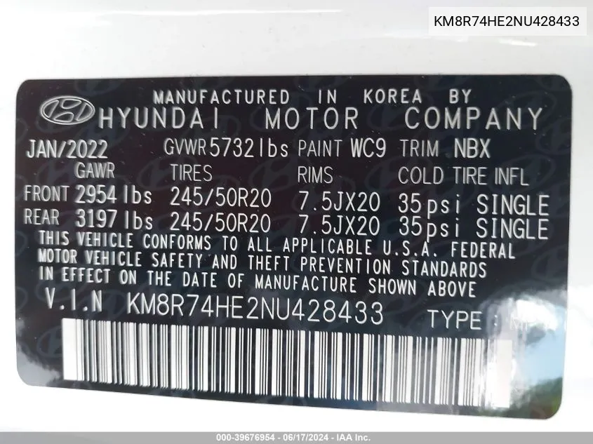 KM8R74HE2NU428433 2022 Hyundai Palisade Calligraphy