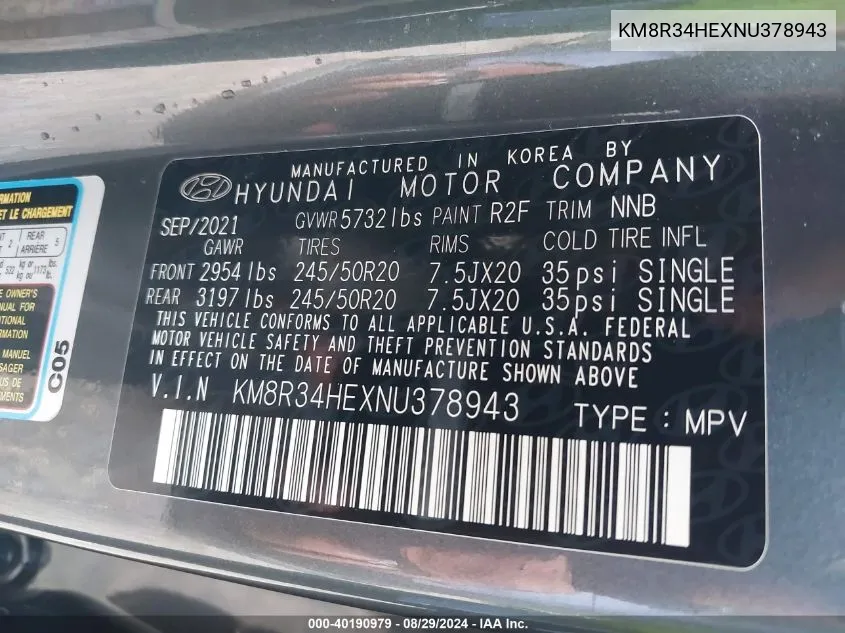 2022 Hyundai Palisade Sel VIN: KM8R34HEXNU378943 Lot: 40190979