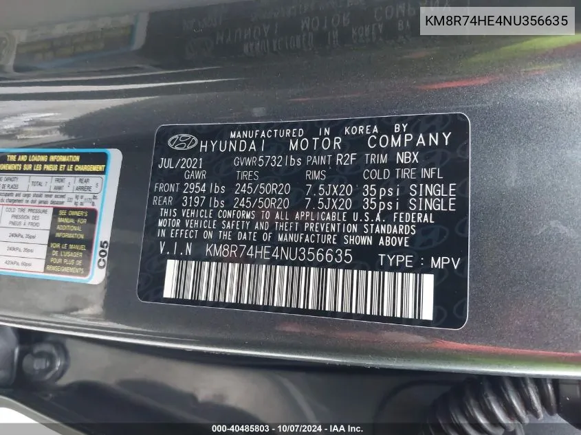 2022 Hyundai Palisade Calligraphy VIN: KM8R74HE4NU356635 Lot: 40485803