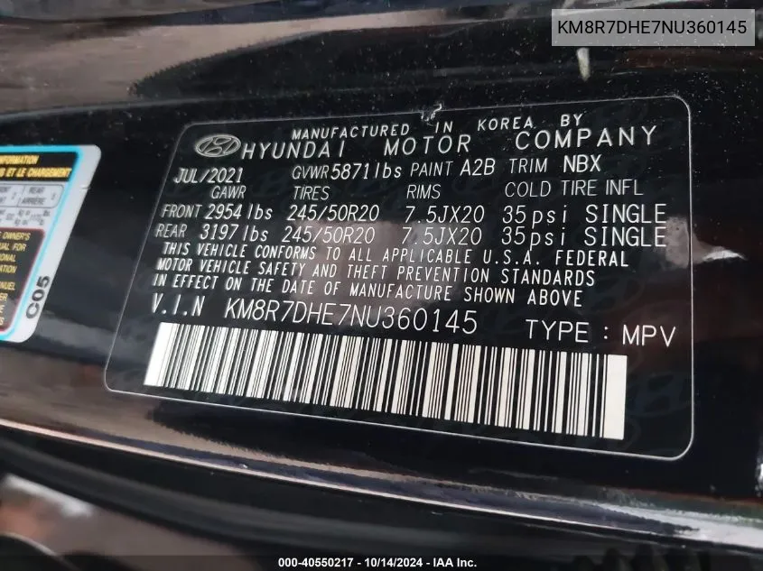 KM8R7DHE7NU360145 2022 Hyundai Palisade Calligraphy