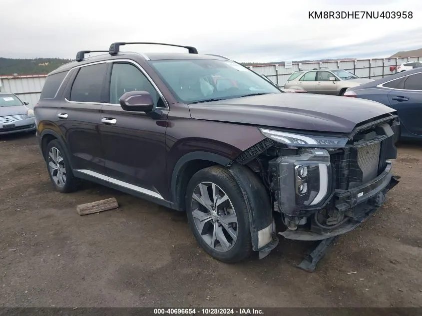 2022 Hyundai Palisade Sel VIN: KM8R3DHE7NU403958 Lot: 40696654