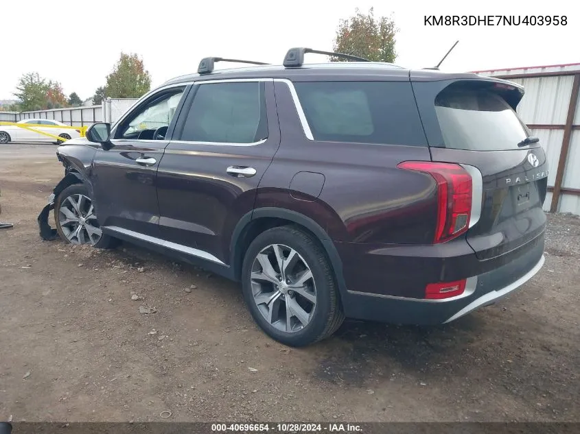 2022 Hyundai Palisade Sel VIN: KM8R3DHE7NU403958 Lot: 40696654