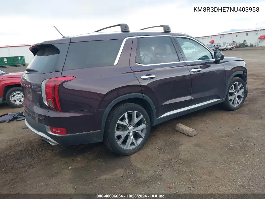 2022 Hyundai Palisade Sel VIN: KM8R3DHE7NU403958 Lot: 40696654