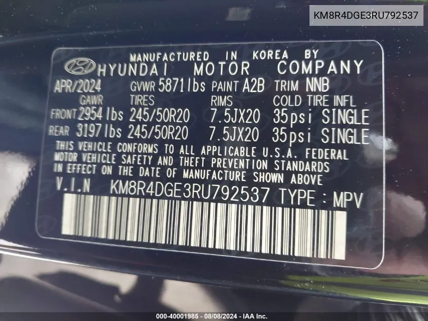 KM8R4DGE3RU792537 2024 Hyundai Palisade Sel