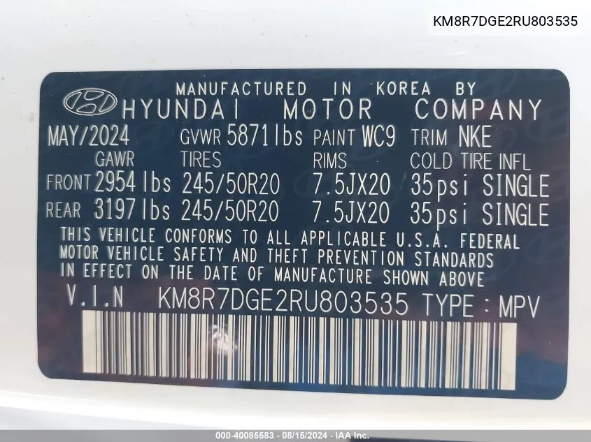 2024 Hyundai Palisade Calligraphy Night Edition VIN: KM8R7DGE2RU803535 Lot: 40085583