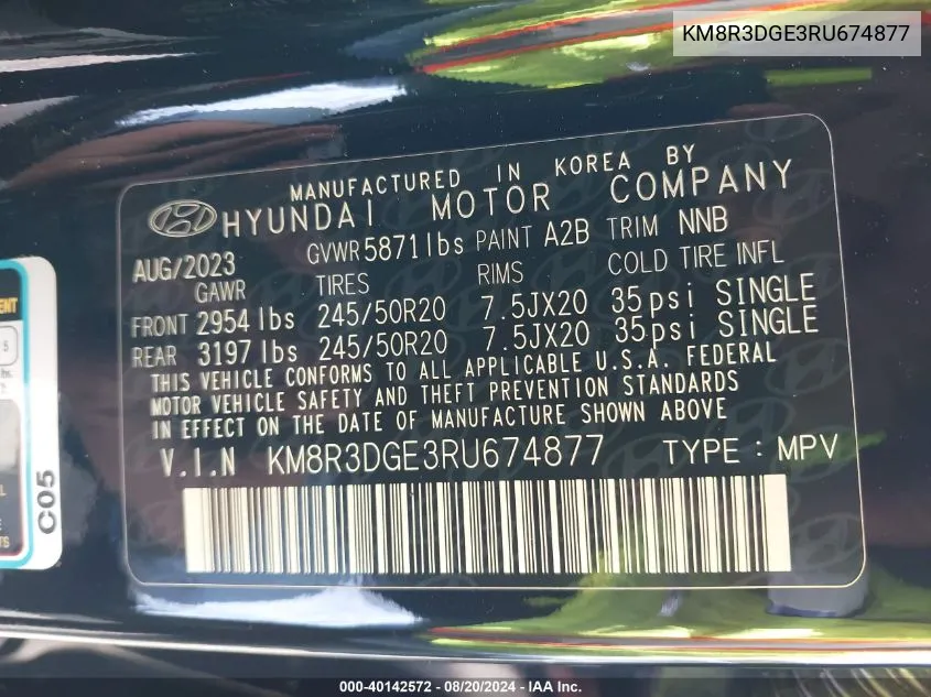 2024 Hyundai Palisade Xrt VIN: KM8R3DGE3RU674877 Lot: 40142572