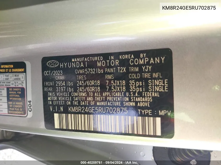 KM8R24GE5RU702875 2024 Hyundai Palisade Sel