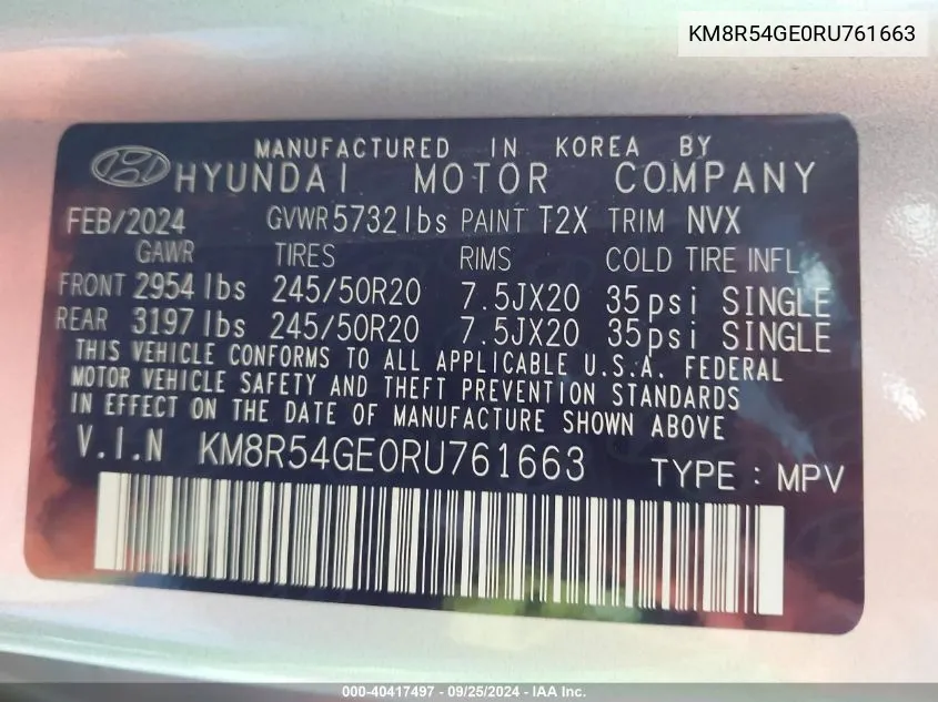 KM8R54GE0RU761663 2024 Hyundai Palisade Limited