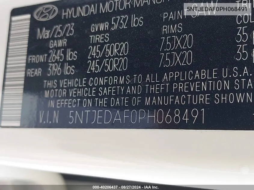 2023 Hyundai Santa Cruz Limited VIN: 5NTJEDAF0PH068491 Lot: 40206437