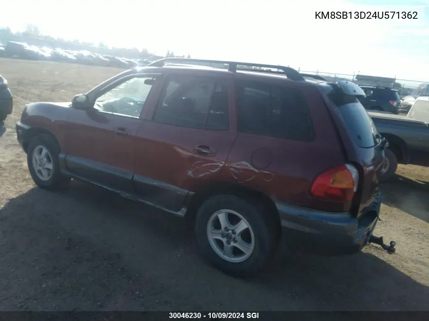 2004 Hyundai Santa Fe VIN: KM8SB13D24U571362 Lot: 30046230