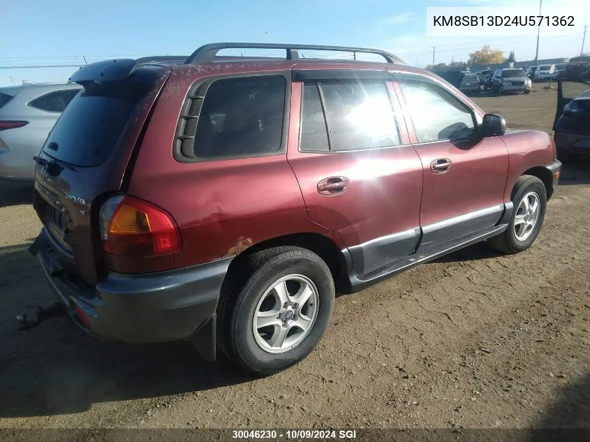 2004 Hyundai Santa Fe VIN: KM8SB13D24U571362 Lot: 30046230