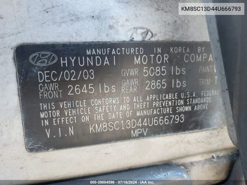 KM8SC13D44U666793 2004 Hyundai Santa Fe Gls