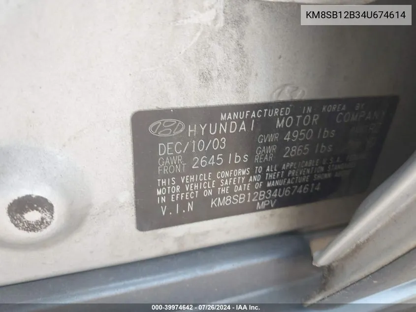 KM8SB12B34U674614 2004 Hyundai Santa Fe