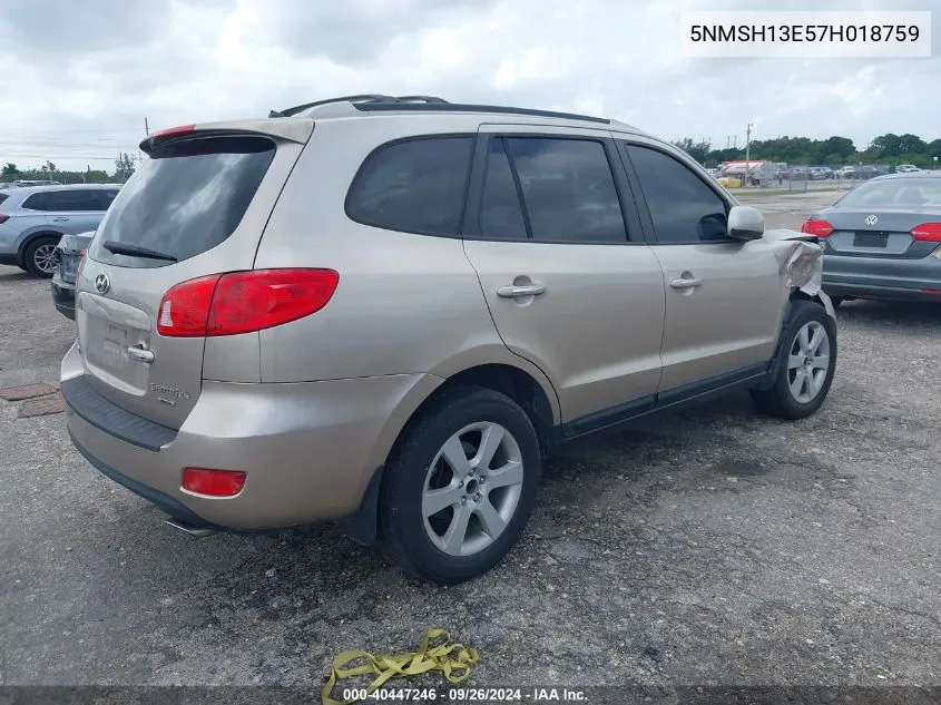 2007 Hyundai Santa Fe Se/Limited VIN: 5NMSH13E57H018759 Lot: 40447246