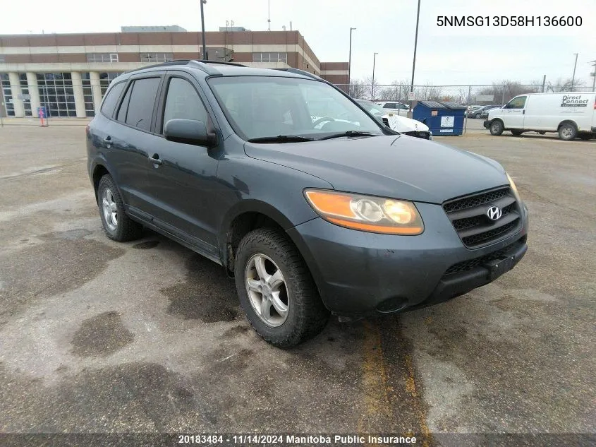 2008 Hyundai Santa Fe Gl VIN: 5NMSG13D58H136600 Lot: 20183484