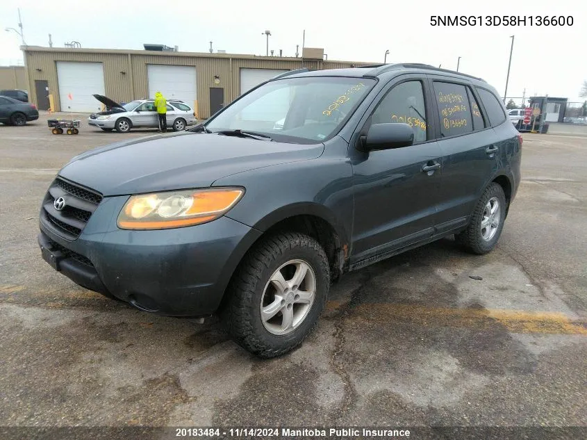 2008 Hyundai Santa Fe Gl VIN: 5NMSG13D58H136600 Lot: 20183484