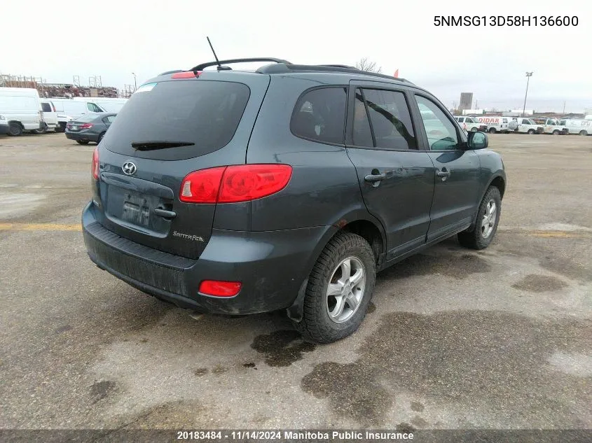 2008 Hyundai Santa Fe Gl VIN: 5NMSG13D58H136600 Lot: 20183484