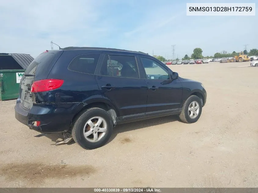 2008 Hyundai Santa Fe Gls VIN: 5NMSG13D28H172759 Lot: 40330839