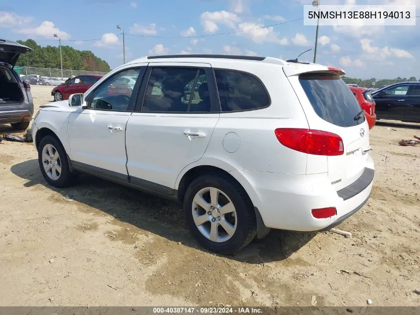 2008 Hyundai Santa Fe Limited/Se VIN: 5NMSH13E88H194013 Lot: 40387147