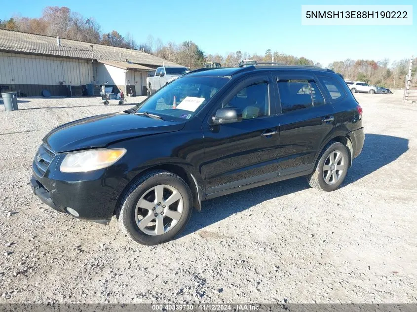 2008 Hyundai Santa Fe Limited/Se VIN: 5NMSH13E88H190222 Lot: 40839730