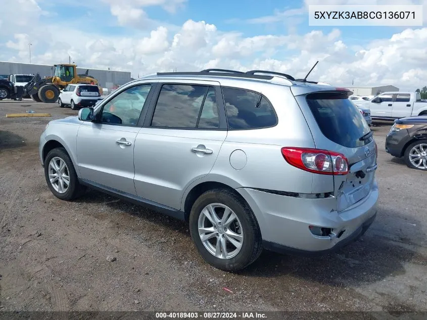 2012 Hyundai Santa Fe Limited VIN: 5XYZK3AB8CG136071 Lot: 40189403