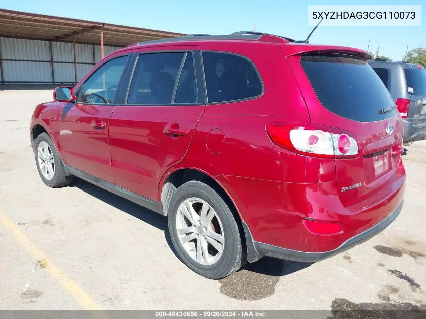 2012 Hyundai Santa Fe Se VIN: 5XYZHDAG3CG110073 Lot: 40430656