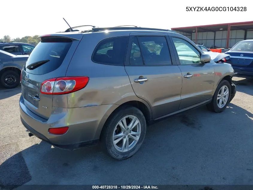 2012 Hyundai Santa Fe Limited V6 VIN: 5XYZK4AG0CG104328 Lot: 40728318