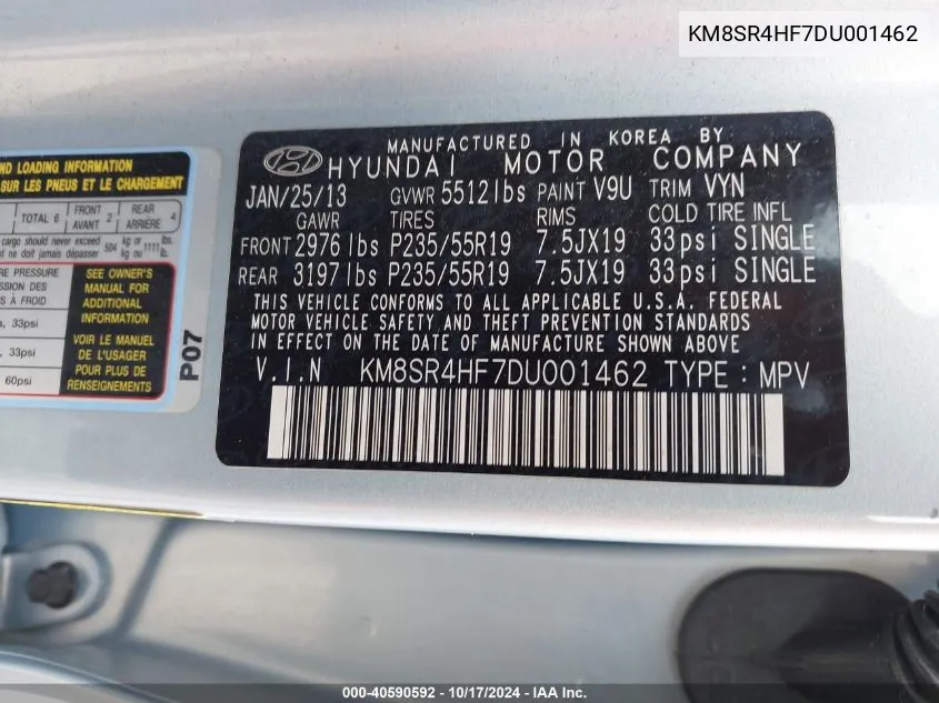 KM8SR4HF7DU001462 2013 Hyundai Santa Fe Limited