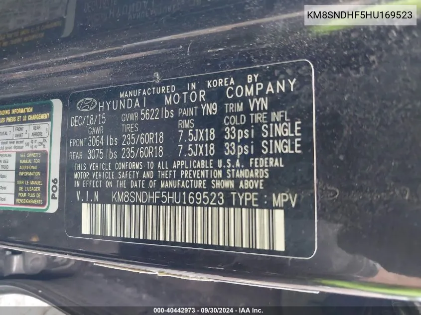 KM8SNDHF5HU169523 2017 Hyundai Santa Fe Se