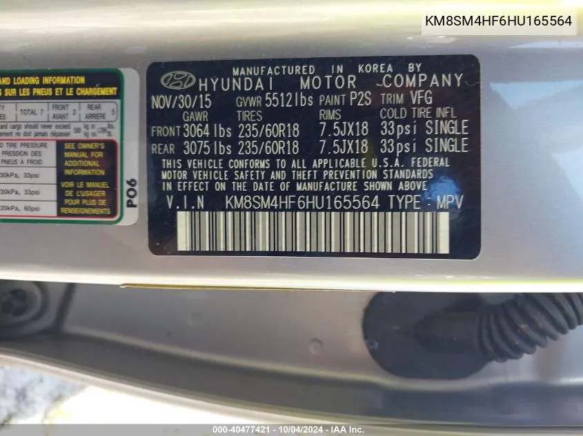 KM8SM4HF6HU165564 2017 Hyundai Santa Fe Se