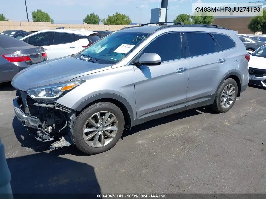 KM8SM4HF8JU274193 2018 Hyundai Santa Fe Se