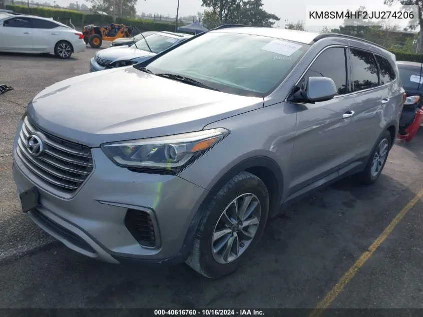 2018 Hyundai Santa Fe Se VIN: KM8SM4HF2JU274206 Lot: 40616760