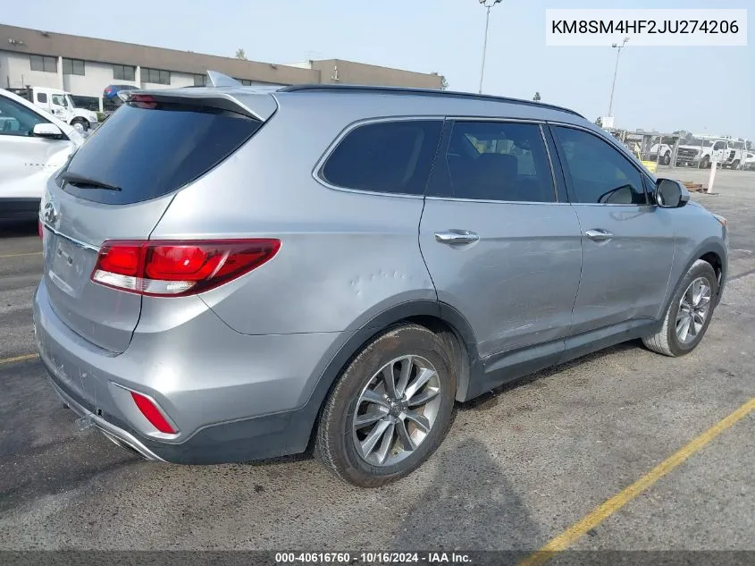 2018 Hyundai Santa Fe Se VIN: KM8SM4HF2JU274206 Lot: 40616760