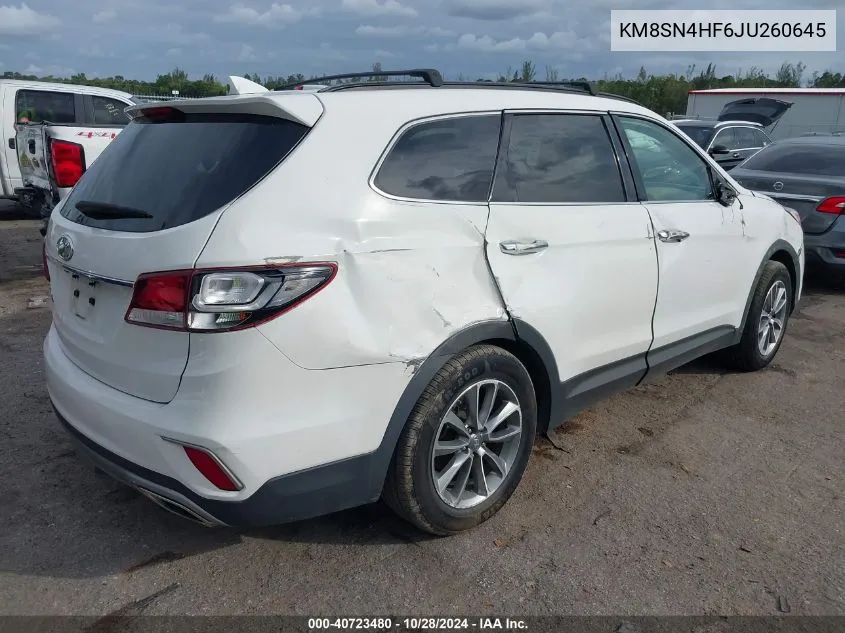 2018 Hyundai Santa Fe Se VIN: KM8SN4HF6JU260645 Lot: 40723480