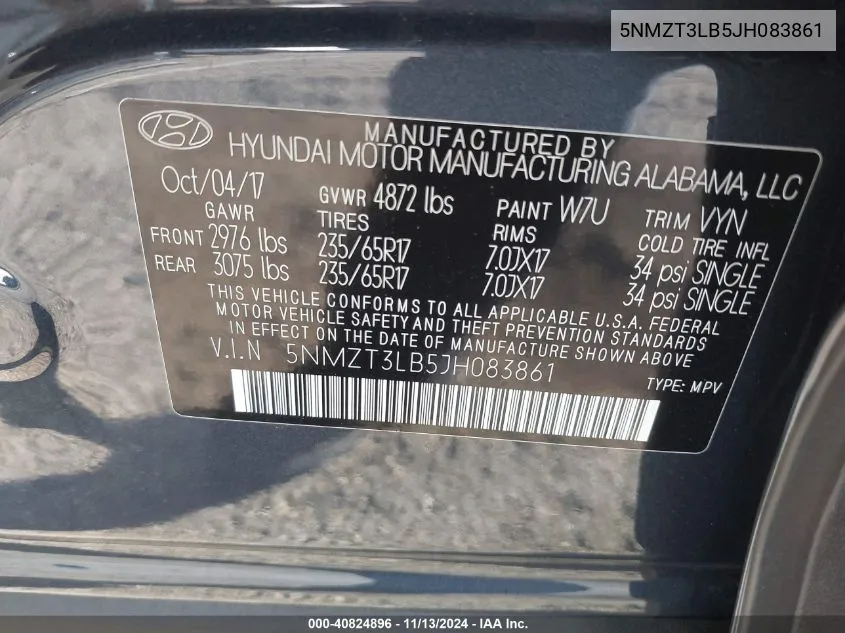 5NMZT3LB5JH083861 2018 Hyundai Santa Fe Sport 2.4L