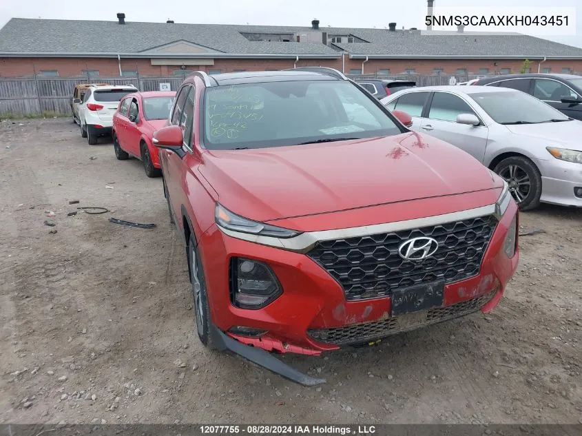 2019 Hyundai Santa Fe Luxury VIN: 5NMS3CAAXKH043451 Lot: 12077755