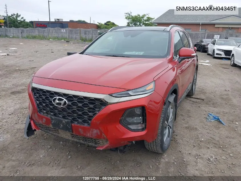 5NMS3CAAXKH043451 2019 Hyundai Santa Fe Luxury