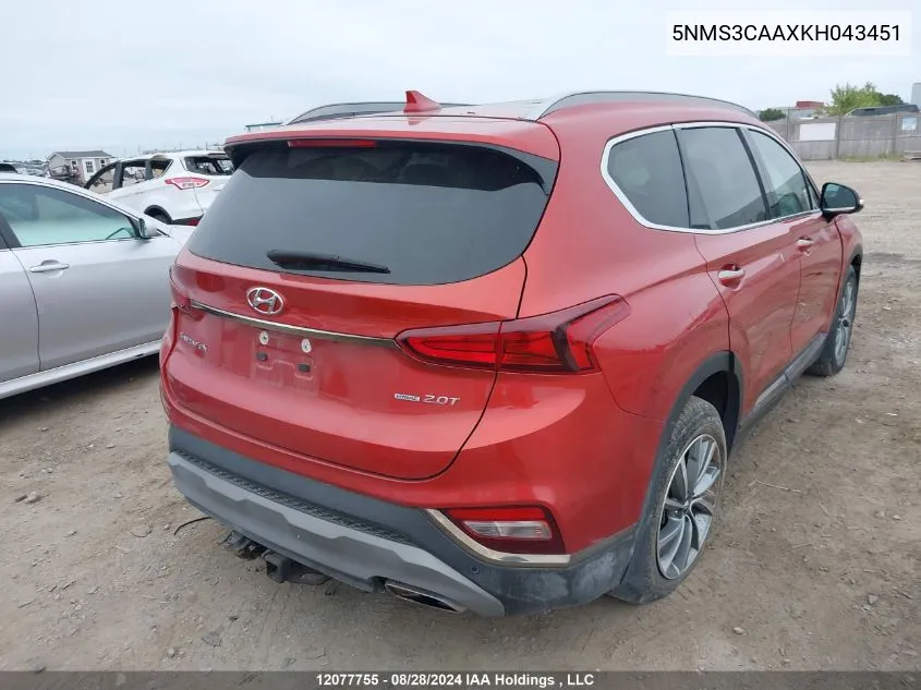 2019 Hyundai Santa Fe Luxury VIN: 5NMS3CAAXKH043451 Lot: 12077755