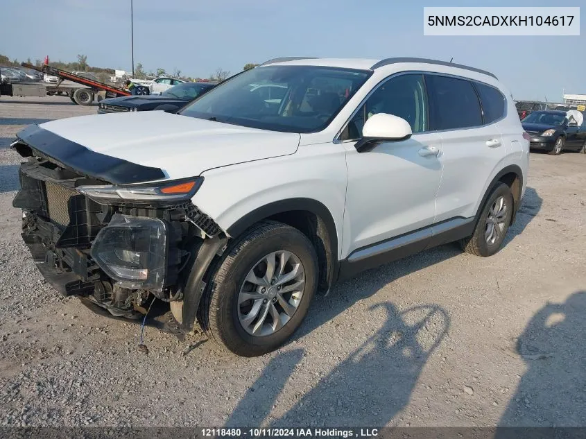 2019 Hyundai Santa Fe Se VIN: 5NMS2CADXKH104617 Lot: 12118480