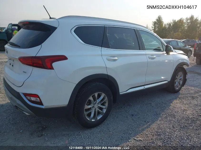 2019 Hyundai Santa Fe Se VIN: 5NMS2CADXKH104617 Lot: 12118480