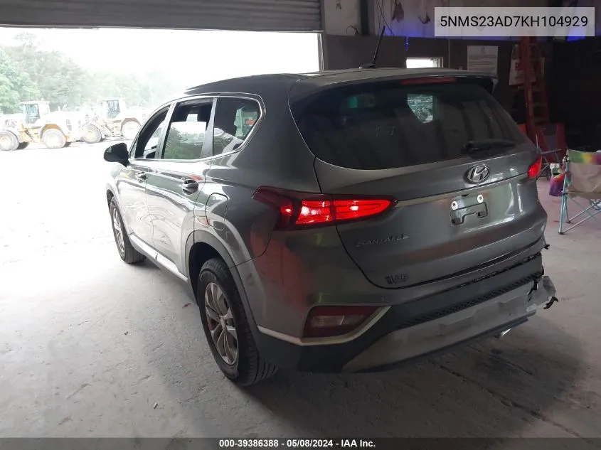 2019 Hyundai Santa Fe Se VIN: 5NMS23AD7KH104929 Lot: 39386388