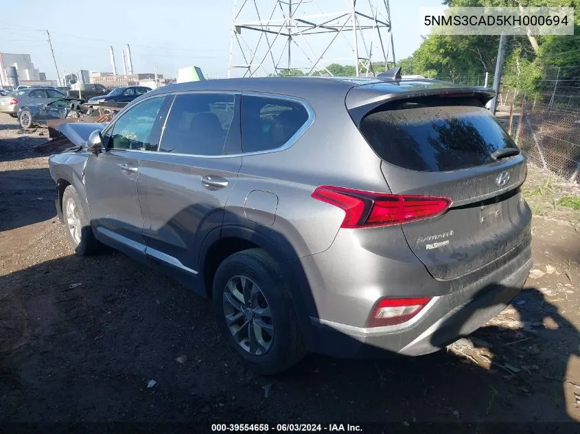 2019 Hyundai Santa Fe Sel VIN: 5NMS3CAD5KH000694 Lot: 39554658