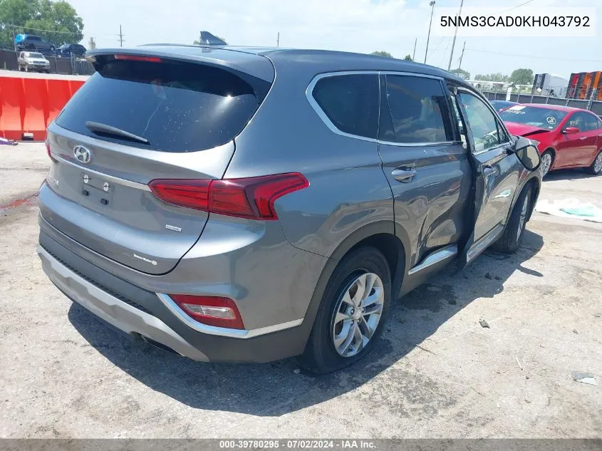 2019 Hyundai Santa Fe Sel VIN: 5NMS3CAD0KH043792 Lot: 39780295