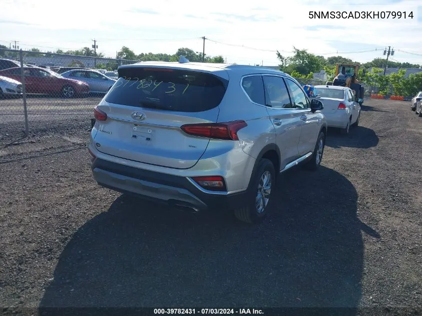 2019 Hyundai Santa Fe Sel VIN: 5NMS3CAD3KH079914 Lot: 39782431