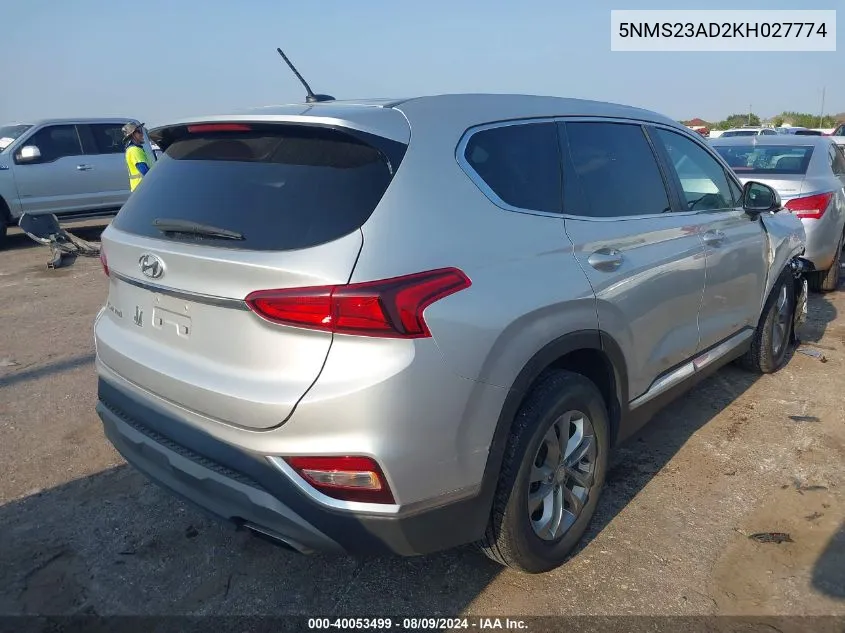 2019 Hyundai Santa Fe Se VIN: 5NMS23AD2KH027774 Lot: 40053499