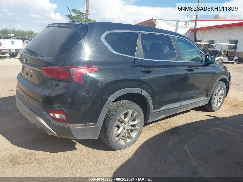 2019 Hyundai Santa Fe Se VIN: 5NMS23AD3KH011809 Lot: 40145258