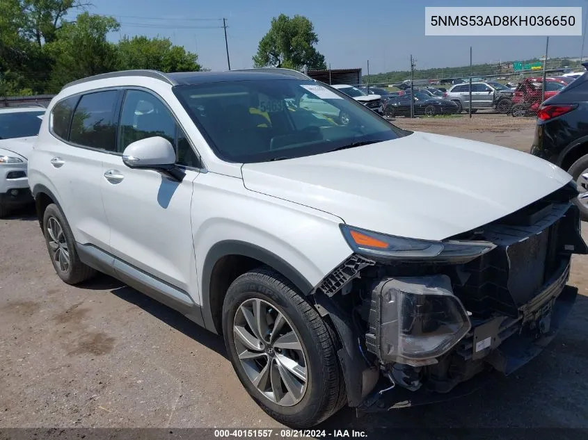 2019 Hyundai Santa Fe Limited/Ultimate VIN: 5NMS53AD8KH036650 Lot: 40151557