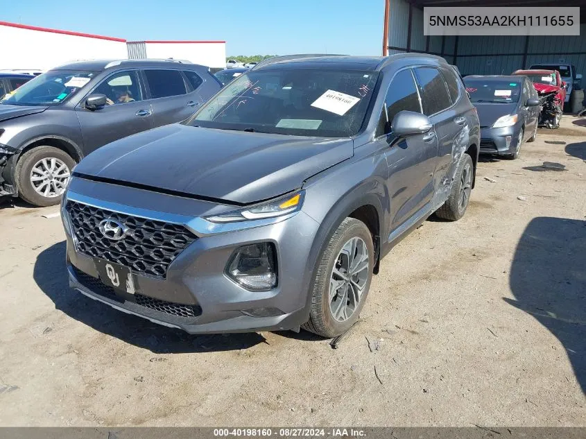 2019 Hyundai Santa Fe Limited 2.0T VIN: 5NMS53AA2KH111655 Lot: 40198160