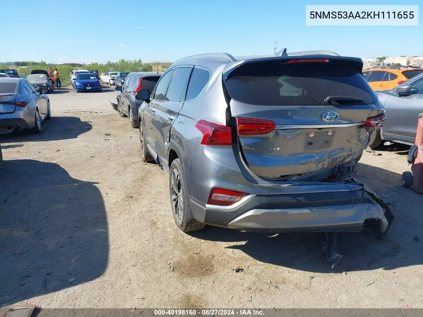 2019 Hyundai Santa Fe Limited 2.0T VIN: 5NMS53AA2KH111655 Lot: 40198160